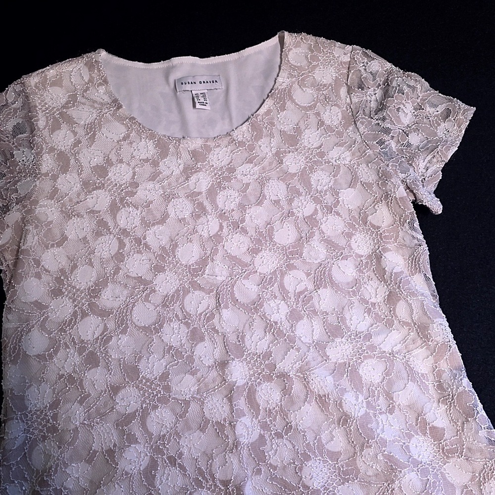 Susan Graver Top Women XXS Ivory Floral Lace Short Sleeve High Low Scoop Neck